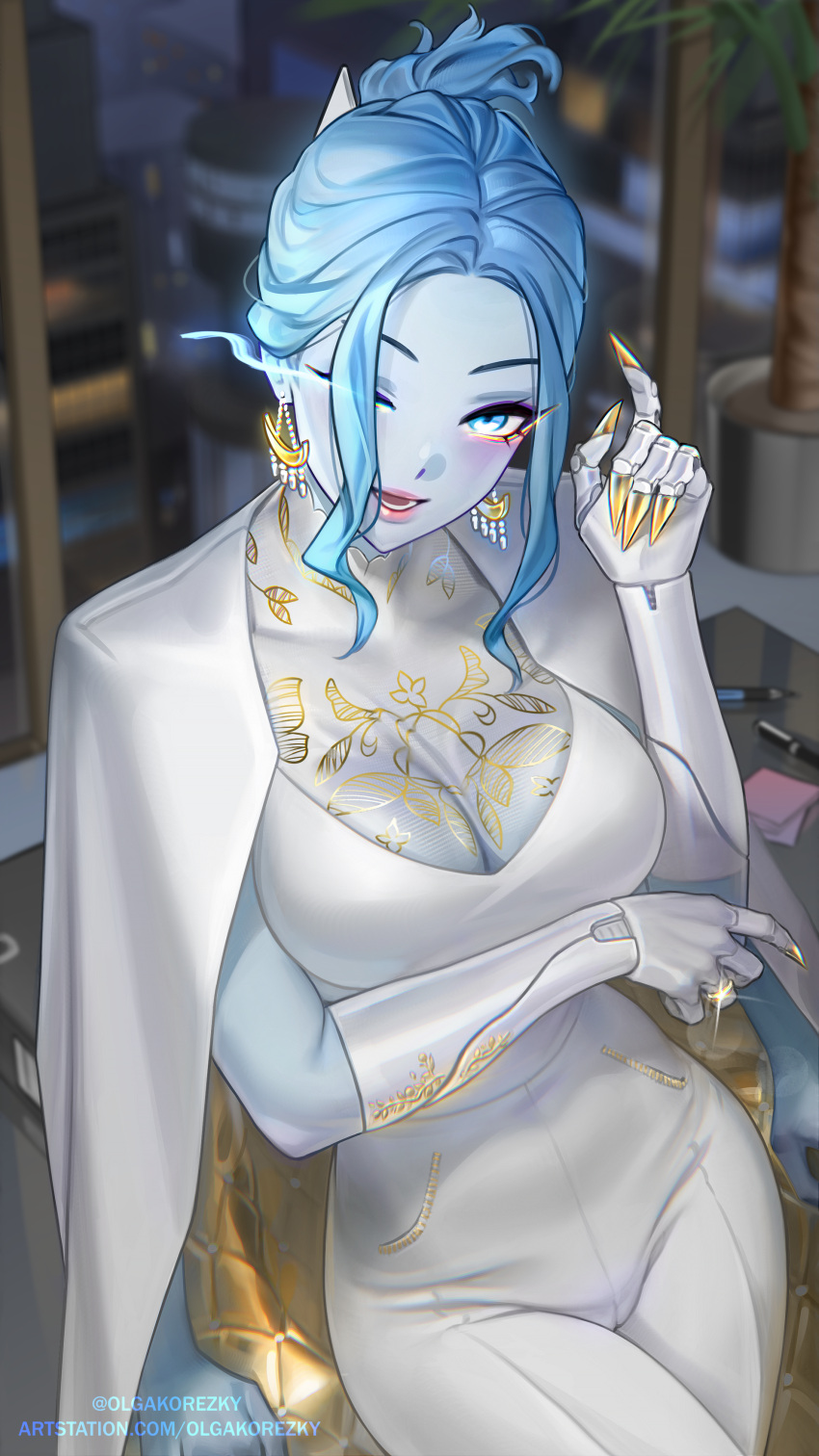 absurdres, blue_eyes, blue_hair, blue_skin, breasts, claws, cloak, colored_skin