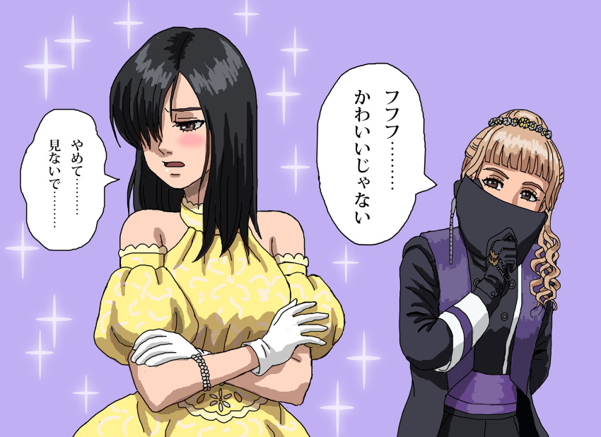 2girls, black_gloves, black_hair, breasts, brown_eyes, commentary_request, cosplay, costume_switch, detached_sleeves, dress, gloves, hair_over_one_eye, highres, himeno_ran, himeno_ran_(cosplay), light_brown_hair, medium_breasts, multiple_girls, ohsama_sentai_king-ohger, puffy_short_sleeves, puffy_sleeves, rita_kanisuka, rita_kanisuka_(cosplay), shideboo_(shideboh), short_sleeves, sparkle, super_sentai, translation_request, wavy_hair, yellow_dress