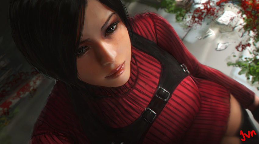1girl, absurdres, ada_wong, black_hair, bob_cut, breasts, dress, from_above, highres, holster, jvndraws, red_dress, red_lips, resident_evil, short_hair, shoulder_holster, signature, standing, thigh-highs, turtleneck_dress