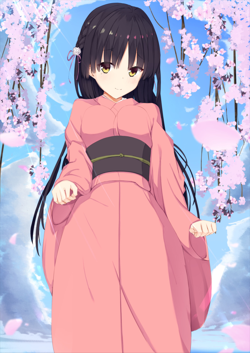 1girl, arms_at_sides, black_hair, blue_sky, blush, braid, breasts, cafe_stella_to_shinigami_no_chou