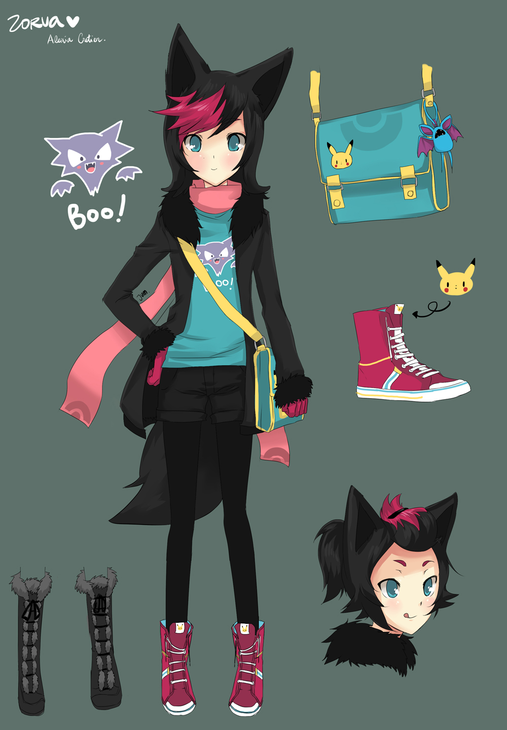 animal_ears, bag, black_hair, clothes_writing, fox, fur_coat, gloves, haunter