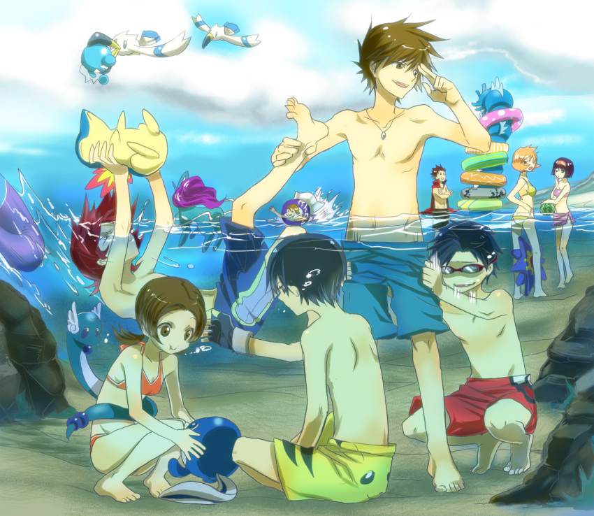 3girls, 6+boys, 6+others, ball, beach, beachball, bikini, bubble, cape, character_print, creatures_(company), cyndaquil, dragonair, dratini, erika_(pokemon), face_print, food, fruit, game_freak, gen_1_pokemon, gen_2_pokemon, gen_3_pokemon, gloves, goggles, gold_(pokemon), gyarados, gyrados, hibiki_(pokemon), innertube, jewelry, kasumi_(pokemon), kotone_(pokemon), kuronomine, marill, marril, minaki_(pokemon), nintendo, olm_digital, ookido_green, pantsing, pendant, pikachu, poke_ball, pokemon, pokemon_(creature), pokemon_(game), pokemon_frlg, pokemon_gsc, pokemon_hgss, pokemon_rgby, pokemon_rse, poliwag, red_(pokemon), red_(pokemon)_(classic), silver_(pokemon), silver_(pokemon)_(remake), starmie, suicune, summer, swim_trunks, swimsuit, underwater, wataru_(pokemon), water, watermelon, wingull