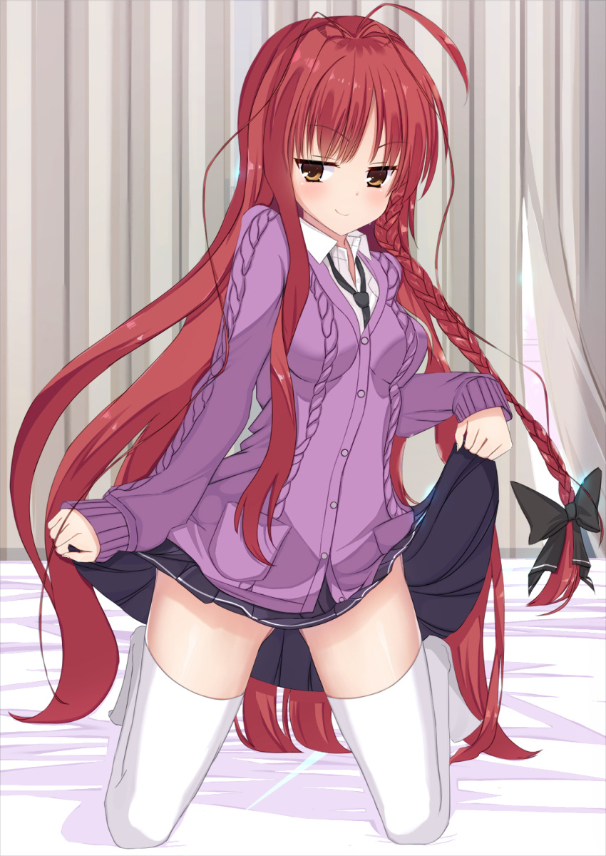 >:), 1girl, ahoge, ass_visible_through_thighs, black_bow, black_necktie, black_skirt, blush, bow, braid, breasts, buttons, closed_mouth, clothes_lift, collared_shirt, commentary, dracu-riot!, eyelashes, full_body, hair_bow, hair_intakes, hair_spread_out, highres, kneeling, lifted_by_self, long_hair, medium_breasts, miniskirt, necktie, no_shoes, okaeru, parted_bangs, pleated_skirt, purple_sweater, redhead, school_uniform, shirt, sidelocks, single_braid, skirt, skirt_lift, sleeves_past_wrists, smile, smug, sweater, thigh-highs, thighs, tiptoes, v-shaped_eyebrows, very_long_hair, wavy_hair, white_shirt, white_thighhighs, yarai_miu, yellow_eyes, zettai_ryouiki