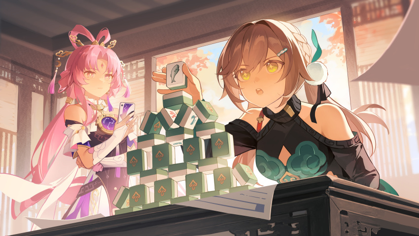 2girls, absurdres, bare_shoulders, braid, brown_hair, cellphone, closed_mouth, constellation