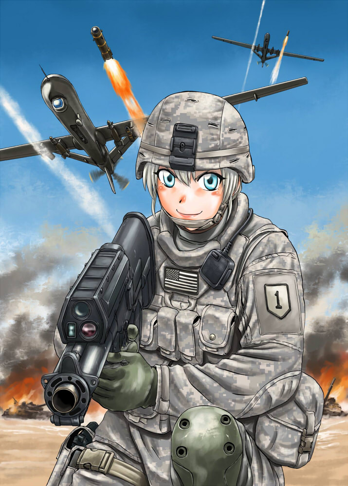 1girl, american_flag, blue_eyes, bulletproof_vest, camouflage, desert, digital_camouflage, drone, gun, helmet, holding, holding_weapon, iraq_war, kneeling, m-3_predator, missile, original, rifle, ruins, sao_satoru, scope, sky, united_states_army, weapon, white_hair, xm29_oicw