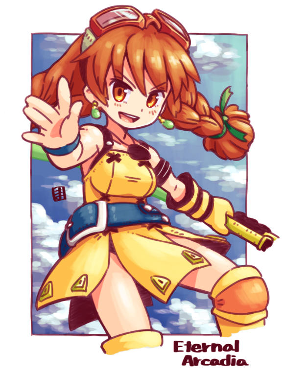 1girl, :d, aika_(eternal_arcadia), armor, armored_dress, axe, bare_shoulders, blue_sky