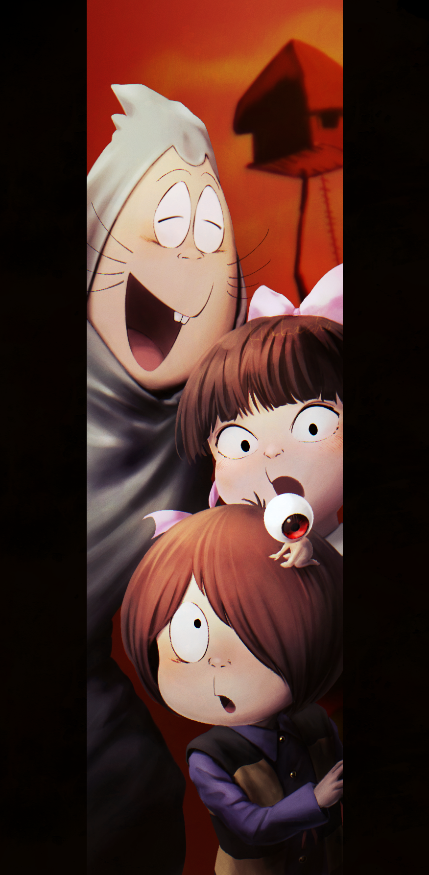 ._., 1girl, 3boys, black_eyes, brown_hair, commentary_request, eyeball, gegege_no_kitarou