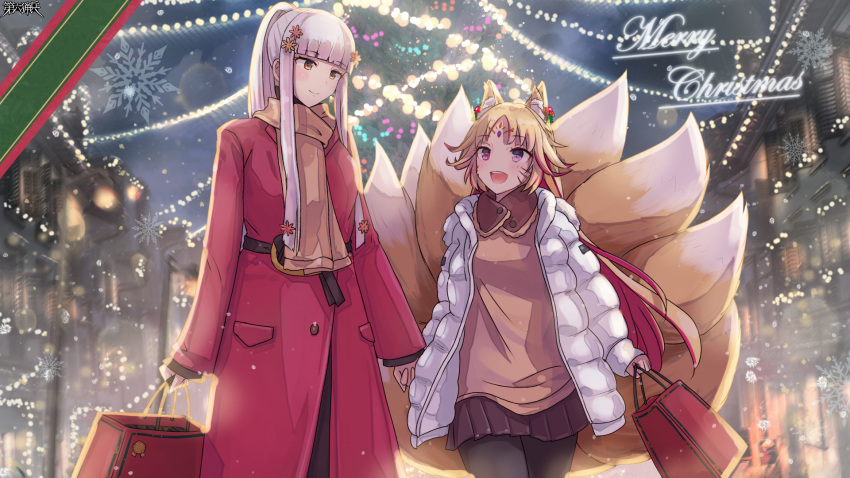 2girls, :d, airi_ganguru, animal_ears, bag, black_pantyhose, blunt_bangs, brown_scarf