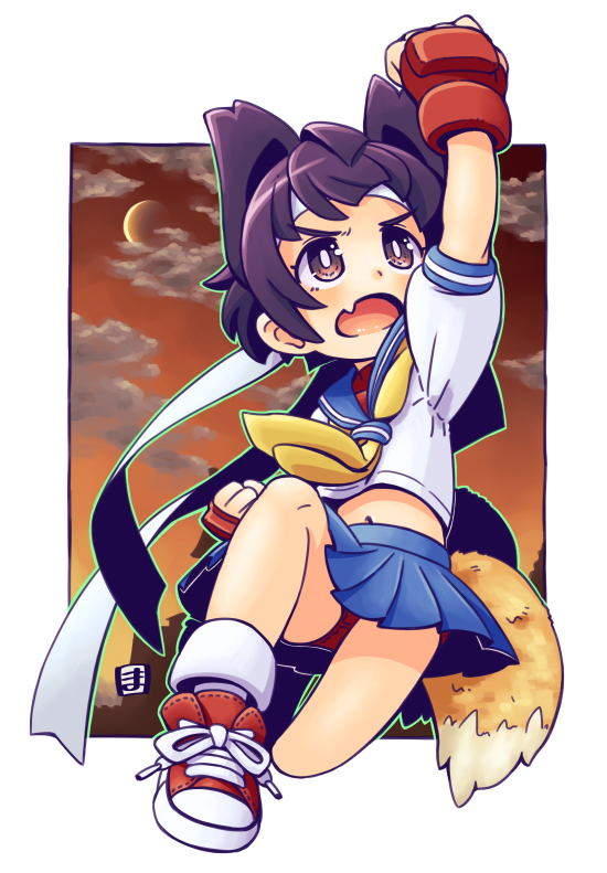 1girl, animal_ears, arm_up, black_eyes, black_hair, blue_serafuku, blue_skirt, bob_cut
