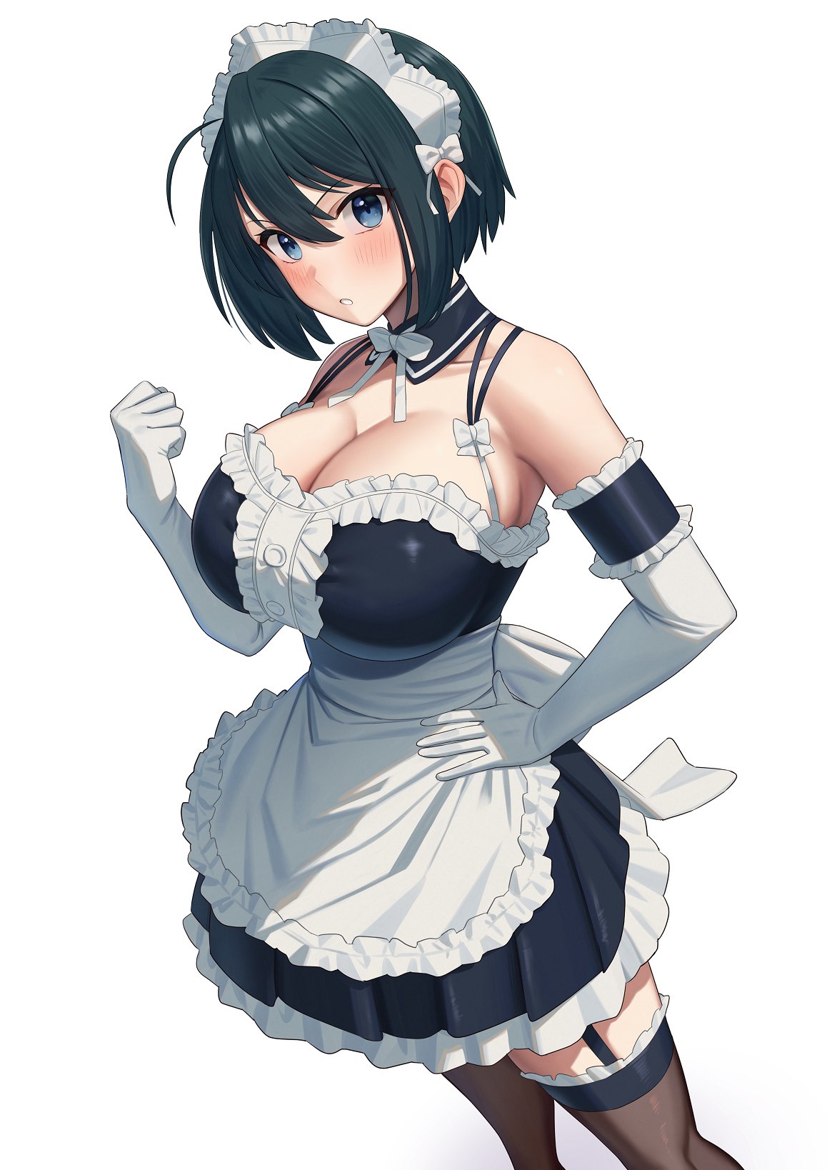 apron, arm_garter, black_hair, blue_eyes, breasts, detached_collar, dress, elbow_gloves