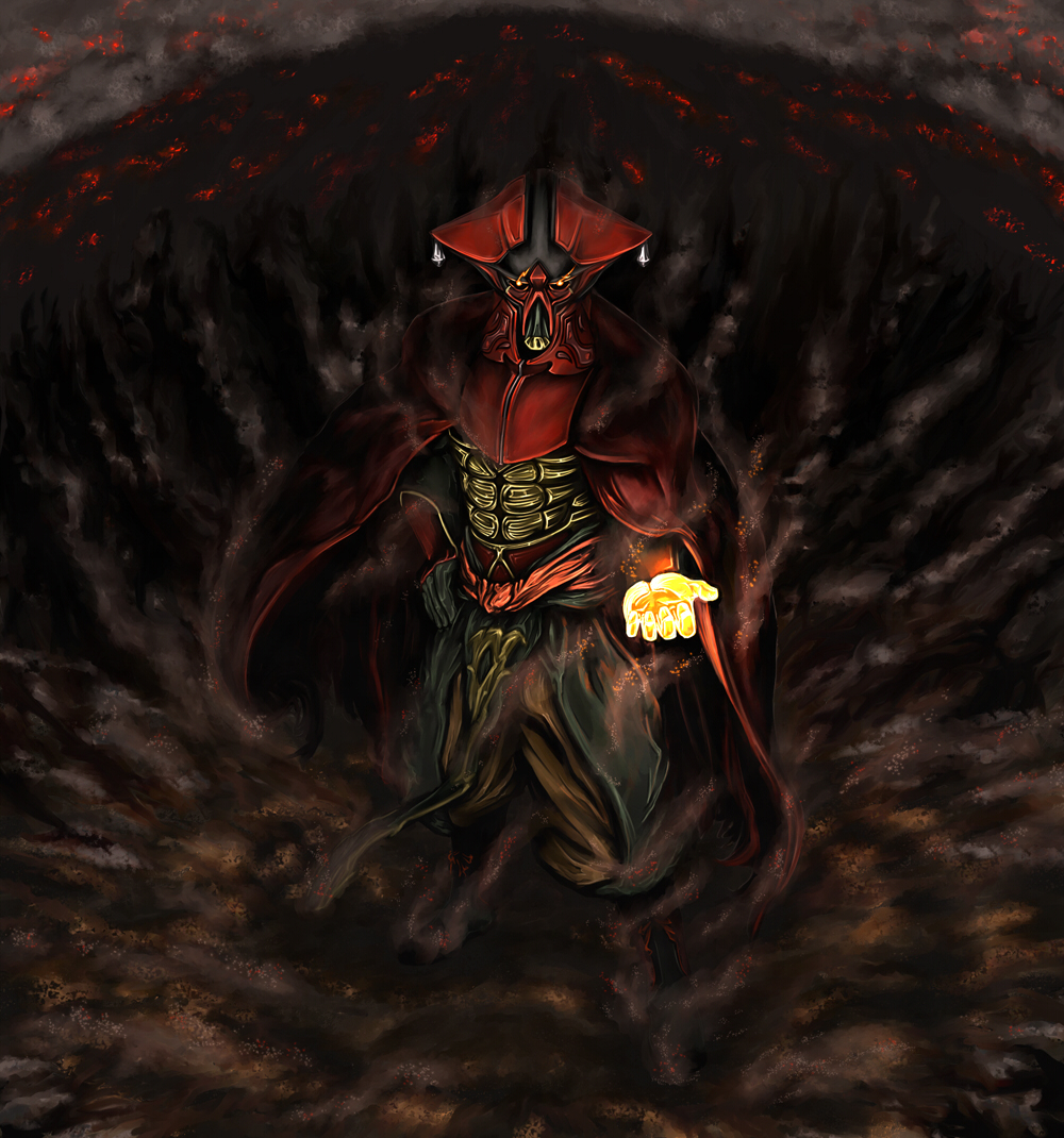 armor, cape, crater, embers, epic, glowing, grahf, hand_on_hips
