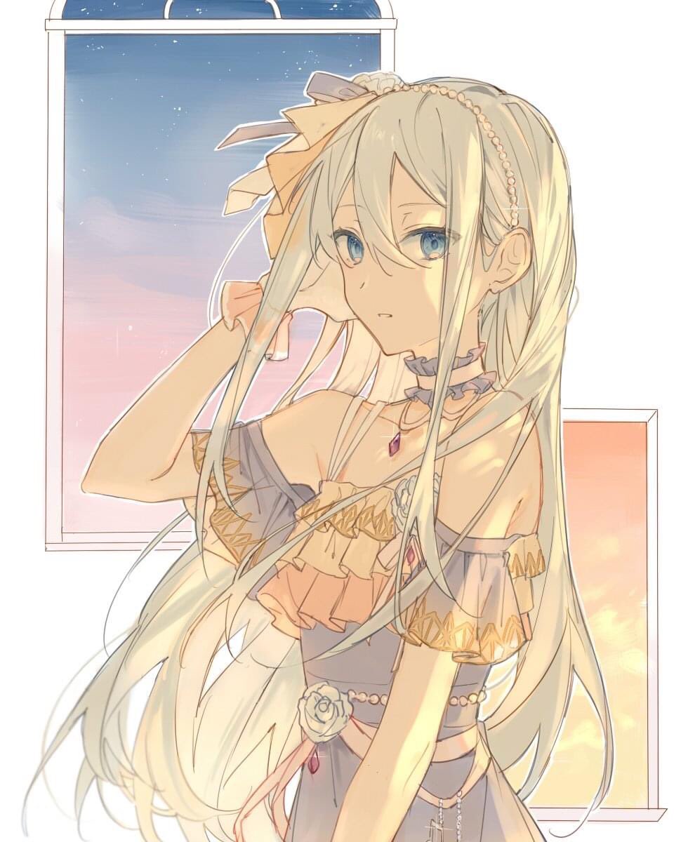 1girl, bare_shoulders, blue_dress, blue_eyes, bow, carnation_recollection_(project_sekai), choker, commentary