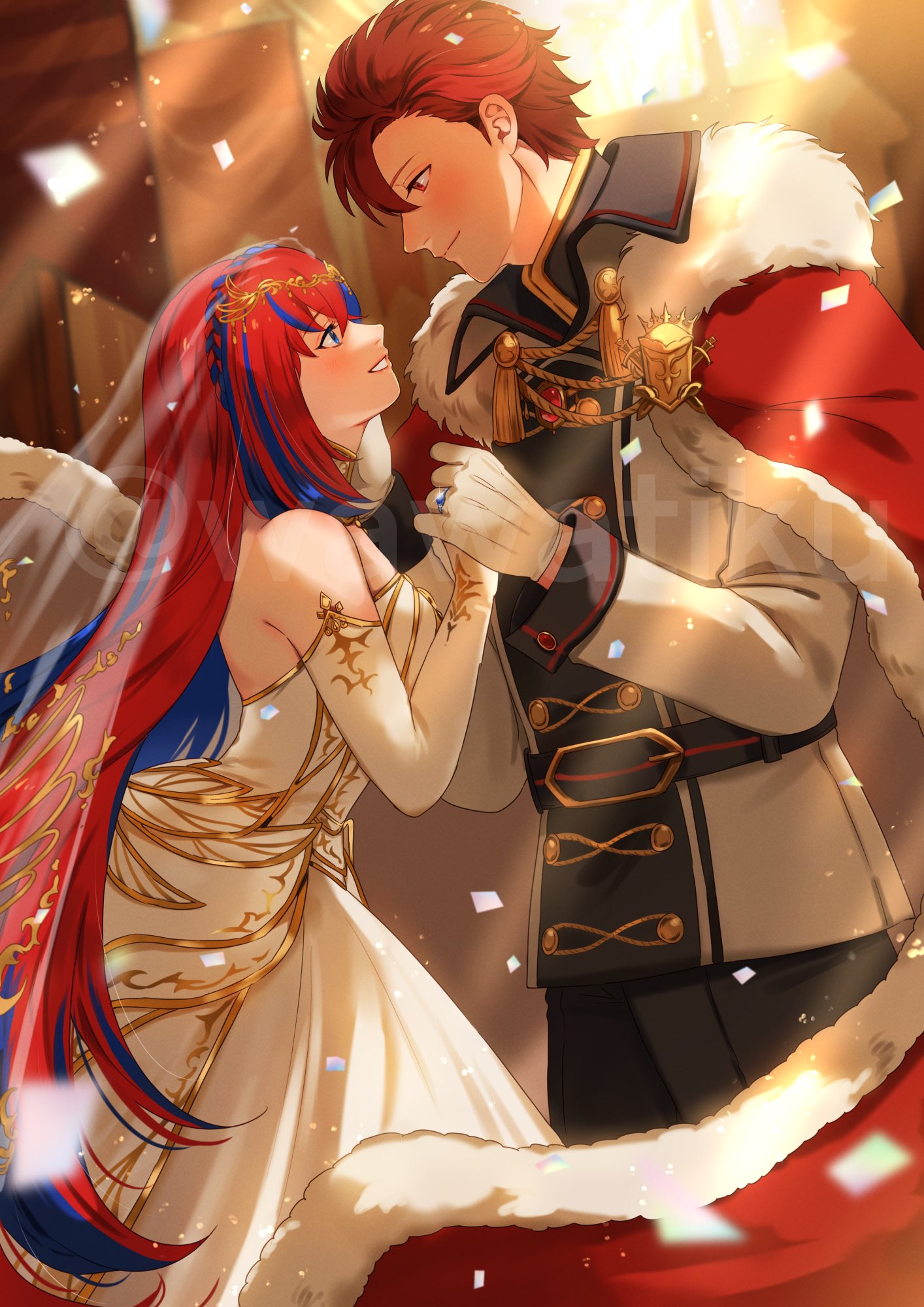 1boy, 1girl, alear_(female)_(fire_emblem), alear_(fire_emblem), alternate_costume, blue_eyes, blue_hair, blush
