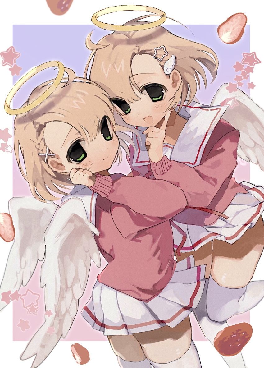 2girls, angel_wings, blonde_hair, food, fruit, green_eyes, hair_ornament, halo