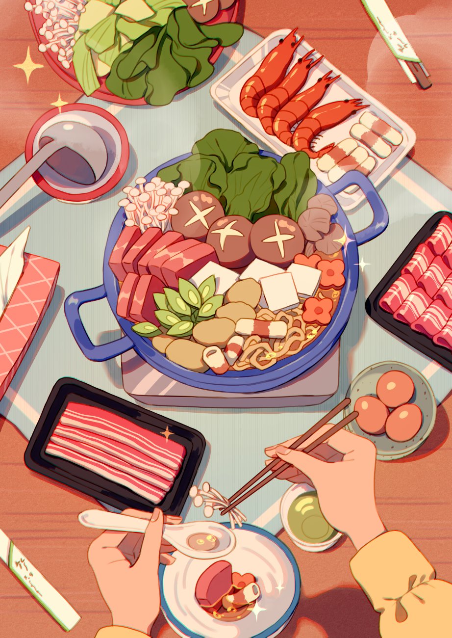 1other, bowl, carrot, carrot_slice, chopsticks, commentary, cooking_pot, cup, english_commentary, enoki_(mushroom), fingernails, food, food_focus, food_request, green_tea, highres, holding, holding_chopsticks, hotpot, jauni_(tofublock), ladle, lettuce, long_sleeves, meat, mushroom, noodles, original, pov, pov_hands, shadow, shiitake, shrimp, sparkle, spinach, steam, table, tea, tissue_box, tofu, tray