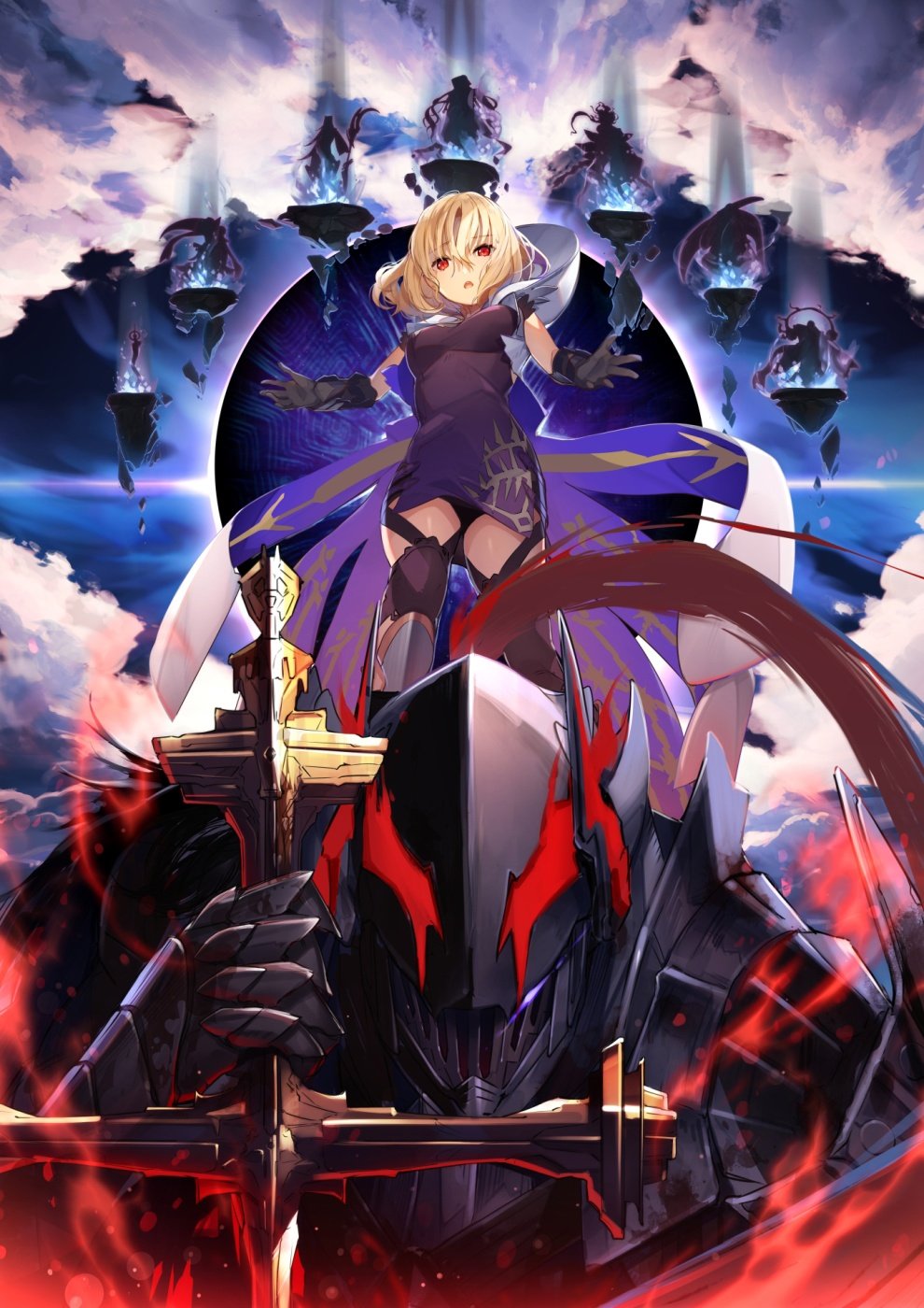 4boys, 4girls, aka_manah_(kokubyaku_no_avesta), armor, bahlavan, black_gloves, blonde_hair, breasts, clouds, frederica_(kokubyaku_no_avesta), full_armor, g_yuusuke, gauntlets, gloves, helmet, highres, holding, holding_sword, holding_weapon, kaikhosru_(kokubyaku_no_avesta), khvarenah, kokubyaku_no_avesta, magsarion, mashyana_(kokubyaku_no_avesta), medium_breasts, multiple_boys, multiple_girls, nadare_(kokubyaku_no_avesta), official_art, plume, quinn_(kokubyaku_no_avesta), red_eyes, rubble, shinza_bansho_series, short_hair, sword, third-party_source, weapon