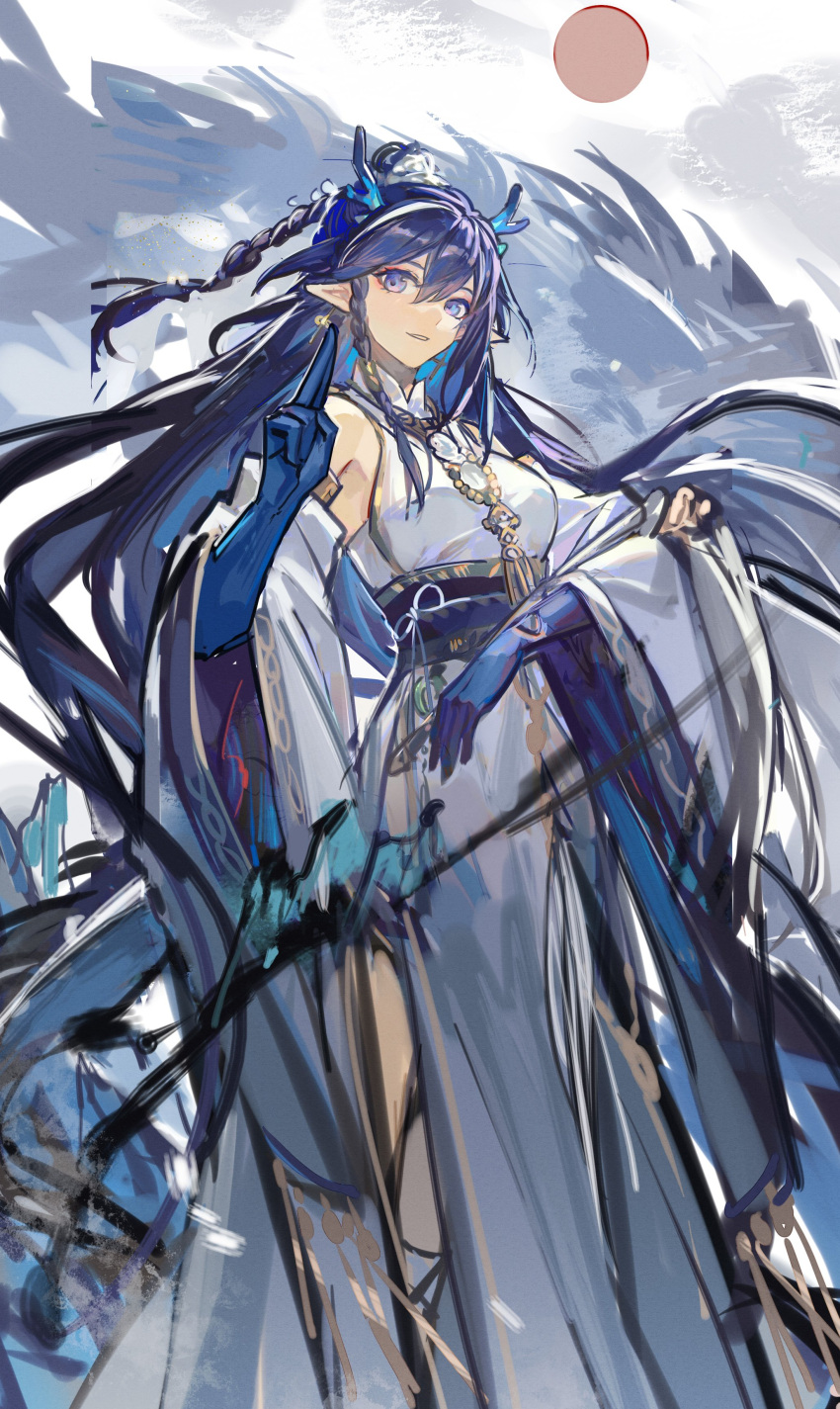 1girl, absurdres, arknights, blue_eyes, blue_hair, blue_skin, braid, breasts, colored_skin, commentary, detached_sleeves, dragon_girl, dragon_horns, dress, earrings, feet_out_of_frame, gold_necklace, hair_between_eyes, highres, horns, jewelry, ling_(arknights), ling_(it_does_wash_the_strings)_(arknights), long_hair, looking_at_viewer, medium_breasts, mento, multicolored_skin, necklace, obi, obiage, obijime, official_alternate_costume, parted_lips, pointy_ears, ponytail, sash, smile, solo, standing, tassel, tassel_earrings, very_long_hair, white_dress