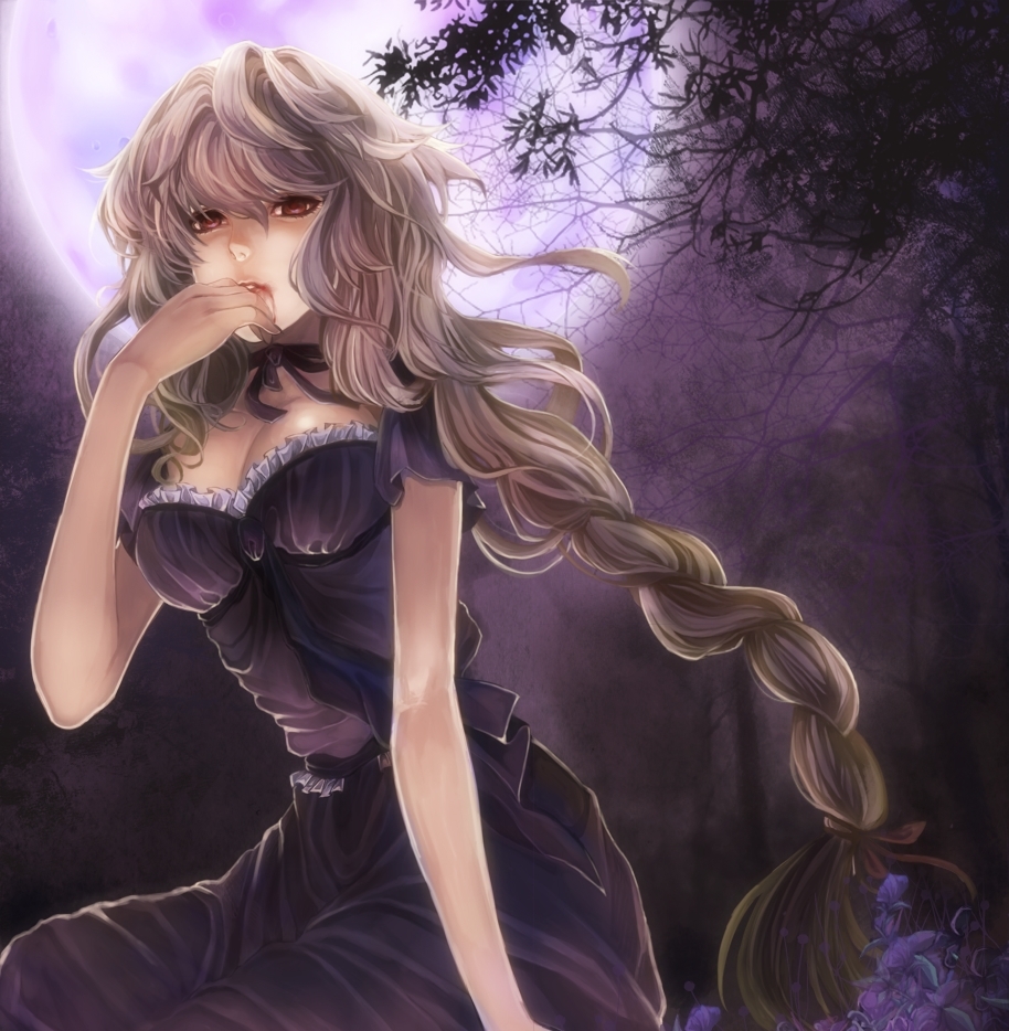 blood, blood_on_face, breasts, flower, forest, frills, full_moon, hand_to_mouth, long_hair, moon, moonlight, nature, original, ponytail, rabbit19, red_eyes, ribbon, sitting, solo, vampire
