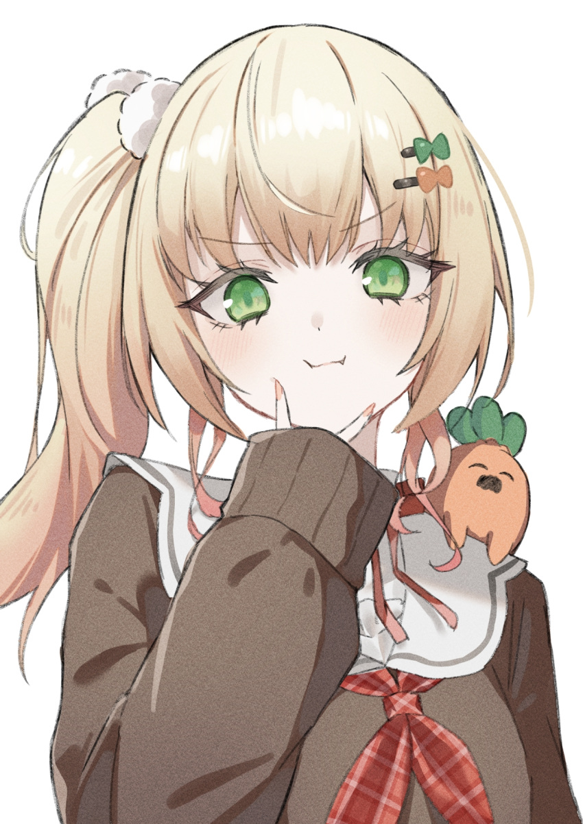 1girl, :i, blonde_hair, blush, brown_cardigan, cardigan, doyagao, fang