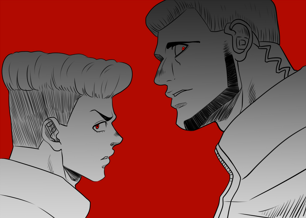 2boys, aquiline_nose, babimyna_(hunter_x_hunter), earphones, facial_hair, furykov_(hunter_x_hunter), history1357, hunter_x_hunter, looking_at_viewer, male_focus, mature_male, multiple_boys, partially_colored, profile, red_background, red_eyes, short_hair, simple_background, undercut, upper_body