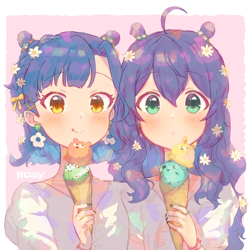 2girls, :q, ahoge, blue_hair, bow, commentary, flower, food