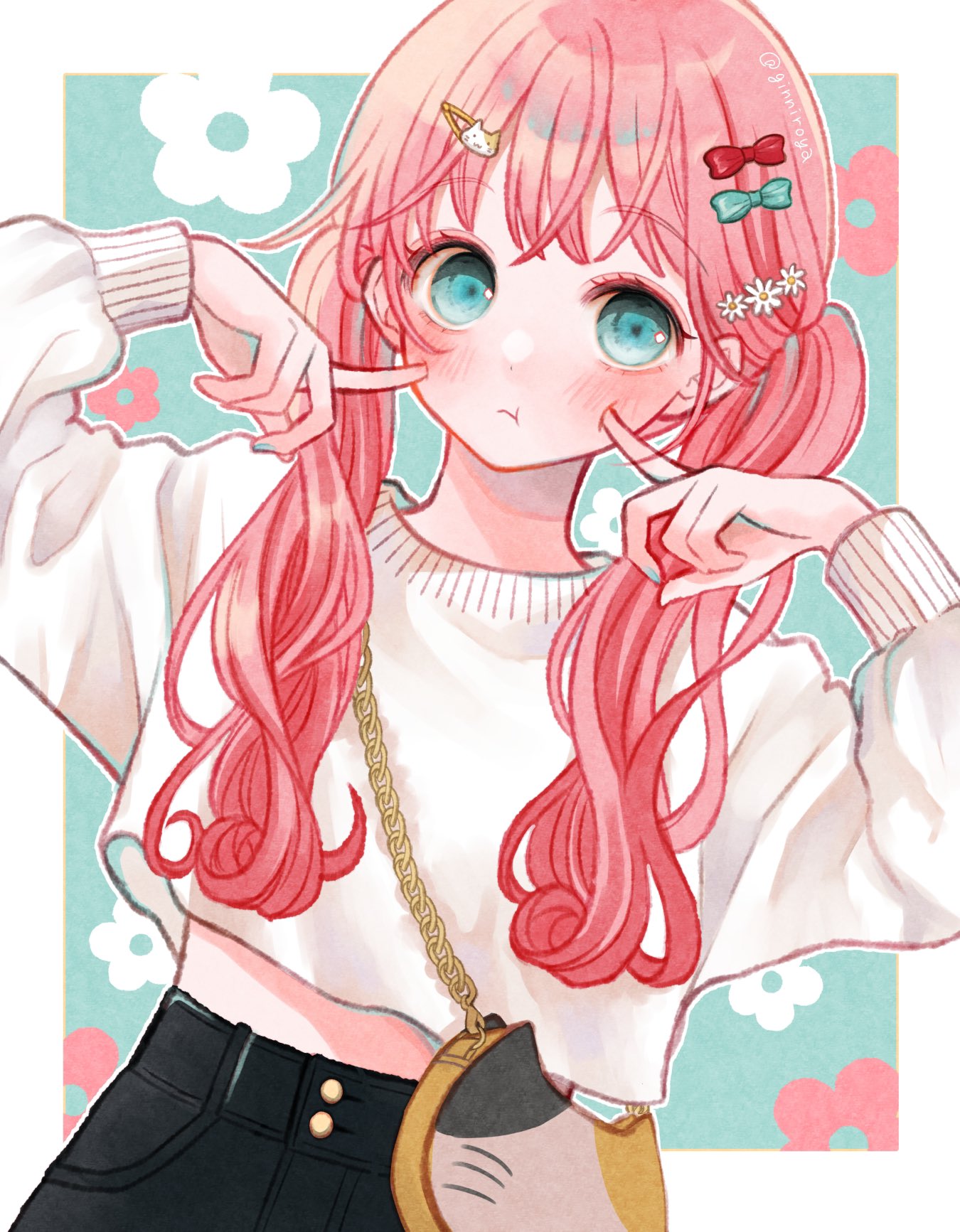 1girl, animal_bag, bag, blue_eyes, blue_nails, blush, bow, cat_bag