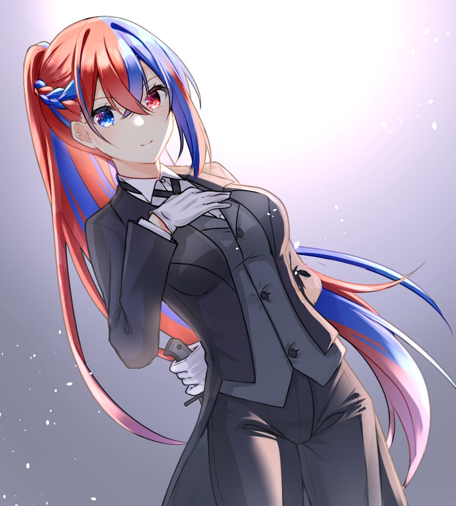 1girl, alear_(female)_(fire_emblem), alear_(fire_emblem), blue_eyes, blue_hair, braid, buttons, closed_mouth, fire_emblem, fire_emblem_engage, formal, gloves, hand_on_own_chest, heterochromia, long_hair, long_sleeves, looking_at_viewer, multicolored_hair, nekoyasiki_luna, ponytail, red_eyes, redhead, shirt, solo, suit, two-tone_hair, very_long_hair, white_gloves
