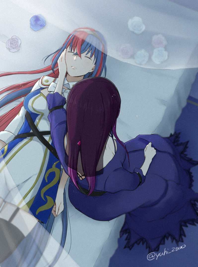 2girls, alear_(female)_(fire_emblem), alear_(fire_emblem), bed, bed_sheet, closed_eyes, closed_mouth, dress