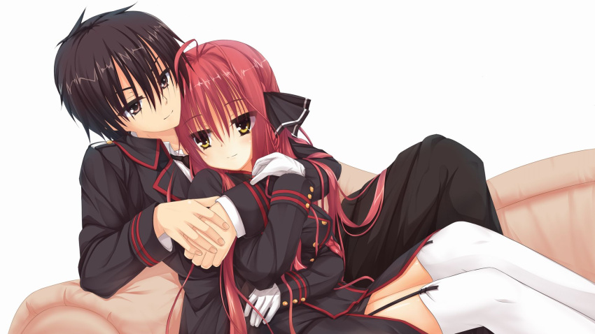 1boy, 1girl, antenna_hair, arm_around_shoulder, black_hair, black_jacket, black_necktie, black_ribbon