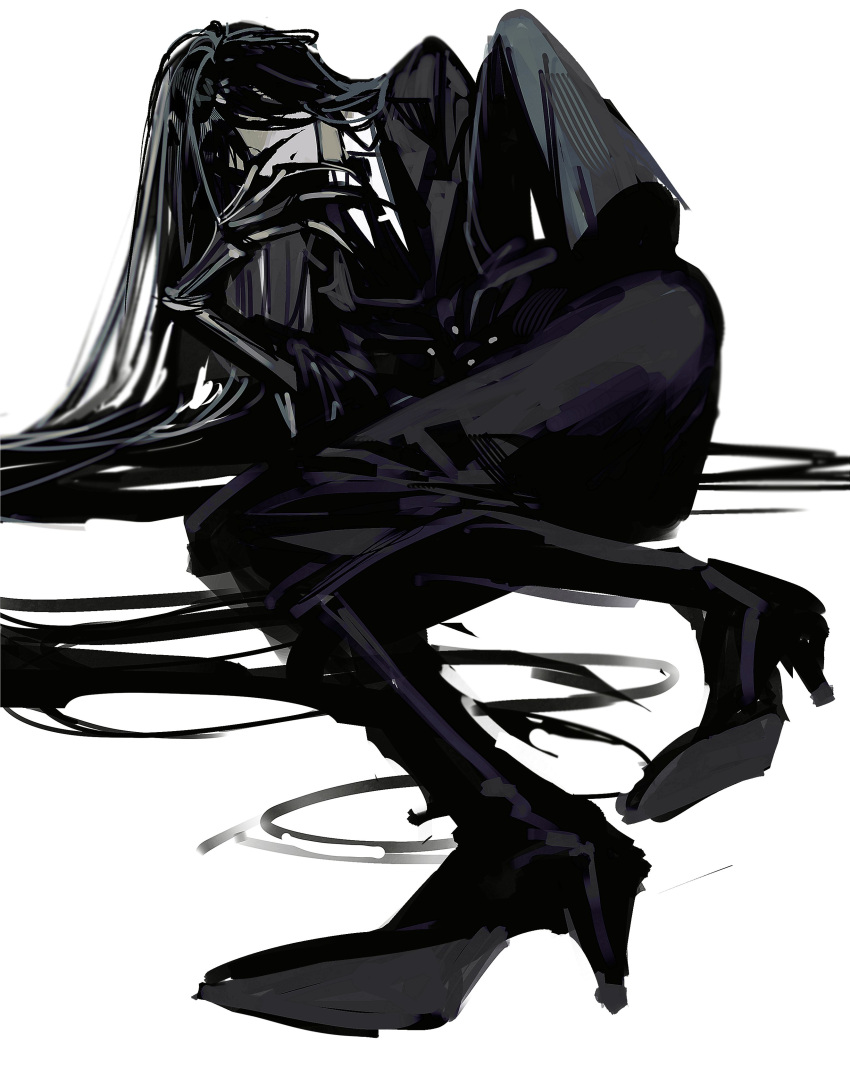 1girl, absurdres, black_coat, black_dress, black_footwear, black_hair, black_necktie, boots, claws, closed_mouth, coat, collared_shirt, covered_eyes, dress, facing_viewer, highres, library_of_ruina, long_hair, lying, martina_(library_of_ruina), necktie, on_side, project_moon, remsrar, shirt, sleeves_past_fingers, sleeves_past_wrists, solo, tie_clip, very_long_hair, very_long_sleeves, white_shirt, wing_collar