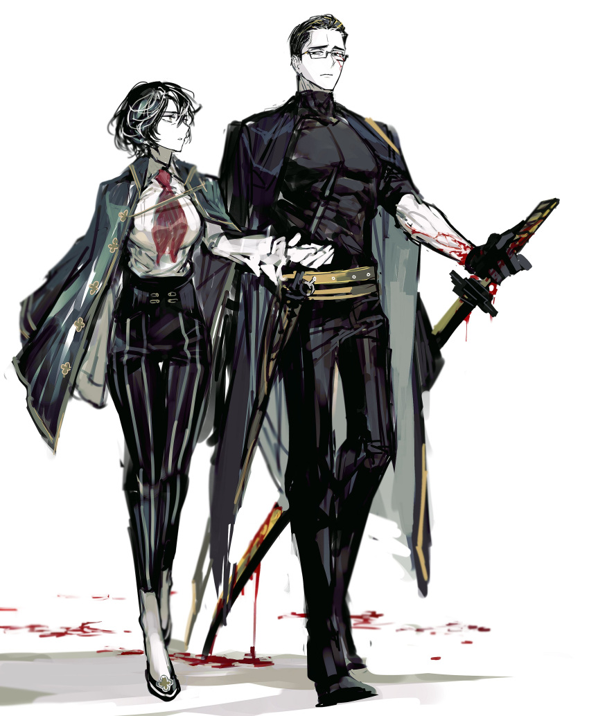 1boy, 1girl, absurdres, ascot, belt, black_eyes, black_footwear, black_gloves, black_hair, black_shirt, blood, blood_on_weapon, blue_coat, coat, coat_on_shoulders, full_body, glasses, gloves, hair_slicked_back, high-waist_pants, highres, looking_at_another, moses_(the_distortion_detective), muscular, muscular_male, pants, project_moon, red_ascot, remsrar, shirt, shoes, simple_background, striped, striped_pants, the_distortion_detective, vespa_crabro, walking, weapon, white_background, yellow_belt