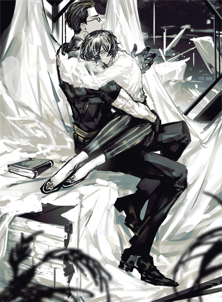 1boy, 1girl, absurdres, bed_sheet, belt, black_footwear, black_gloves, black_hair, black_pants, book, book_stack, gloves, grass, hair_slicked_back, highres, hug, long_sleeves, moses_(the_distortion_detective), multicolored_hair, pants, project_moon, remsrar, shirt, shoes, short_hair, sitting, sitting_on_lap, sitting_on_person, streaked_hair, striped, striped_pants, the_distortion_detective, vespa_crabro, white_eyes, white_hair, white_shirt, window, yellow_belt