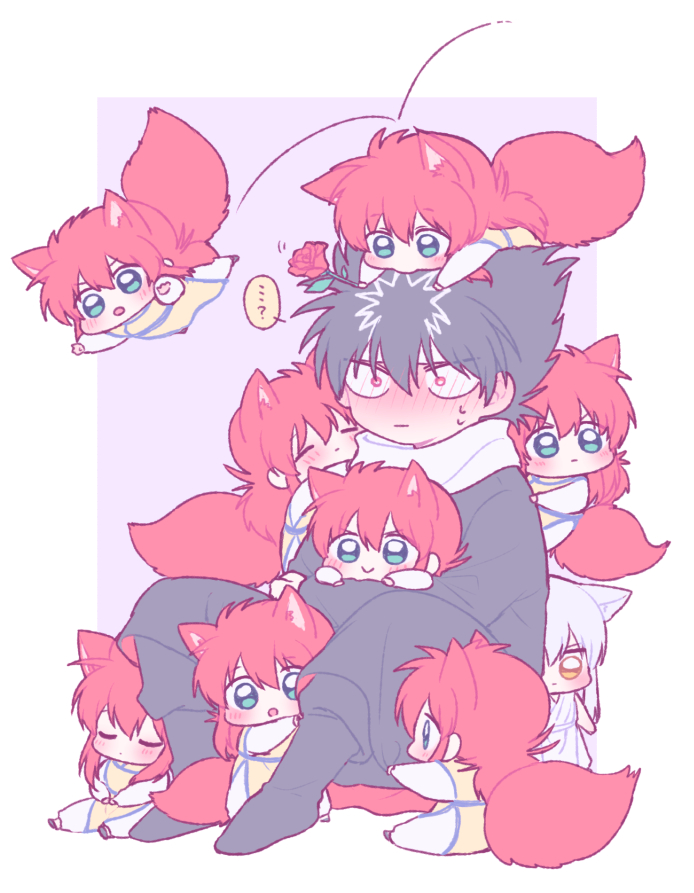 ..., 6+boys, :>, :o, =_=, ?, animal_ear_fluff, animal_ears, black_hair, blush, chibi, clone, closed_mouth, clothes_grab, ear_blush, ear_down, flower, fox_boy, fox_ears, fox_tail, full-face_blush, green_eyes, hiei_(yu_yu_hakusho), holding, holding_flower, hug, knees_up, kurama_(yu_yu_hakusho), long_hair, long_sleeves, male_focus, morishi_(bearxforest), multiple_boys, on_head, open_mouth, person_on_head, purple_background, red_eyes, red_flower, red_rose, redhead, rose, scarf, short_hair, simple_background, sitting, smile, speech_bubble, spiky_hair, spoken_ellipsis, spoken_question_mark, sweat, tail, white_background, white_hair, white_scarf, yellow_eyes, youko_kurama, yu_yu_hakusho