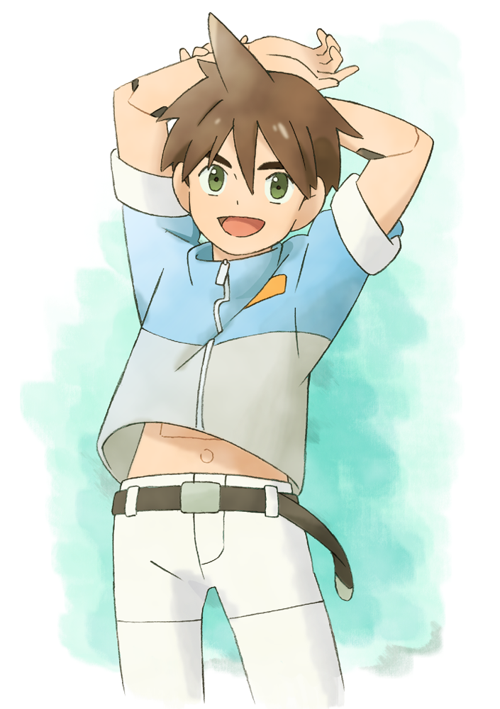 1boy, ahoge, android, belt, goshogawara_elm, green_eyes, hair_between_eyes, looking_at_viewer