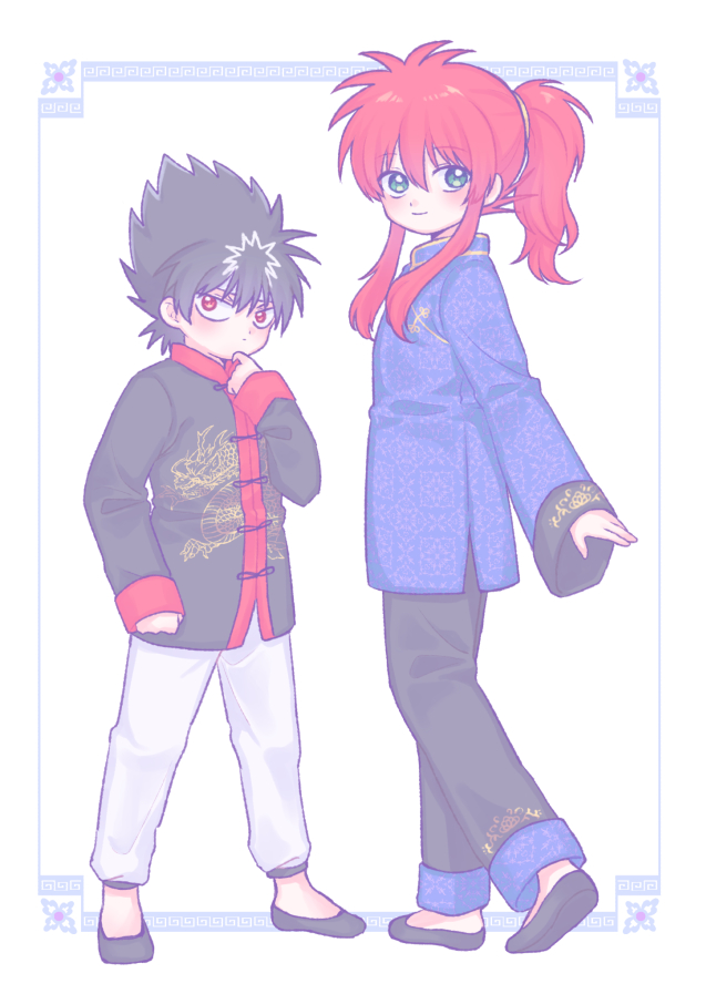 2boys, alternate_costume, black_footwear, black_hair, blue_shirt, chinese_clothes, closed_mouth, dragon_print