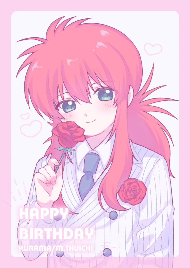 1boy, blue_necktie, blush, border, buttons, character_name, closed_mouth, collared_shirt