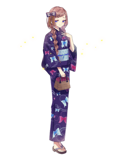 1girl, animal_print, blue_eyes, bow, braid, brown_hair, butterfly_print, dairoku_ryouhei, elizabeth_brau, full_body, hair_bow, hand_up, japanese_clothes, kimono, kinchaku, long_hair, obi, pouch, sandals, sash, solo, standing, twin_braids, yukata