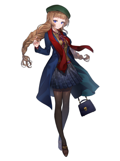 1girl, bag, beret, black_skirt, blue_eyes, blunt_bangs, braid, brown_hair