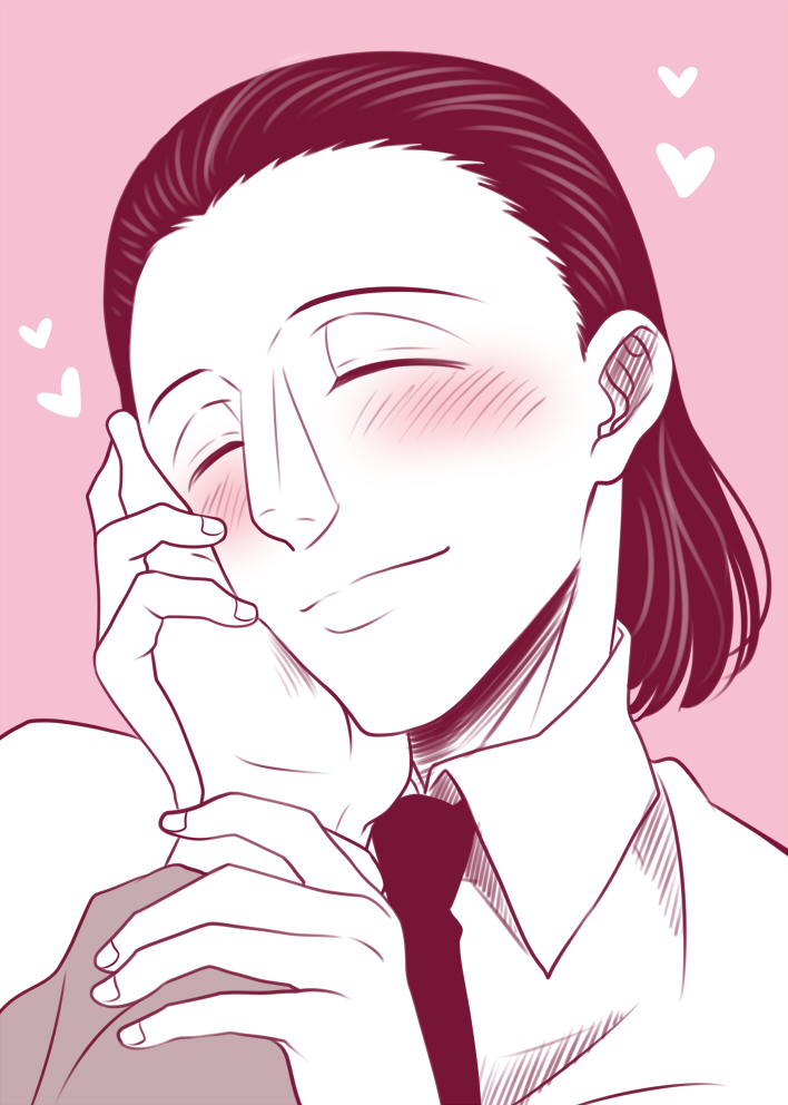 1boy, 1other, black_hair, black_necktie, blush, closed_eyes, hair_slicked_back, hand_on_another's_face, heart, history1357, hunter_x_hunter, male_focus, necktie, pink_background, pov, shirt, simple_background, upper_body, white_shirt, yokotani_(hunter_x_hunter)