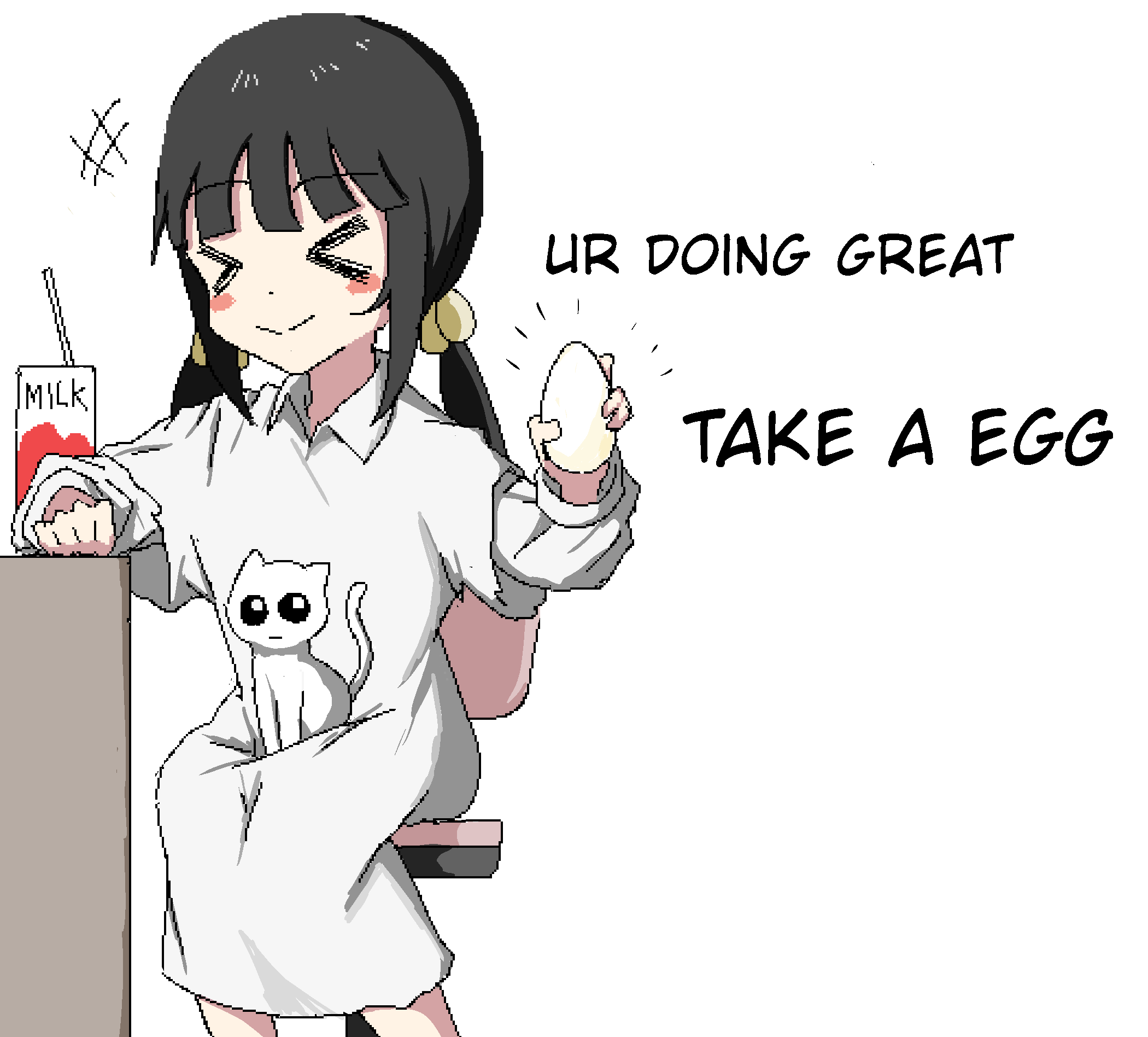>_<, +++, 1girl, :|, aiu404l, arm_support, arms_up, black_hair