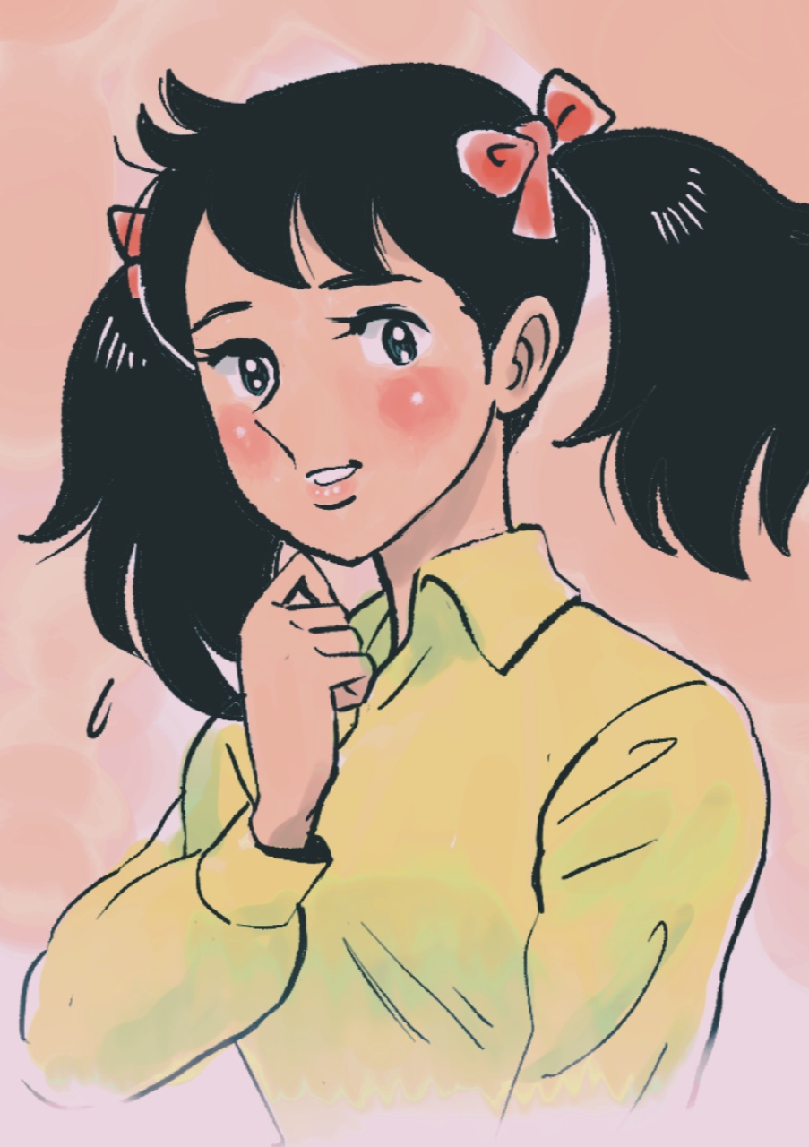 1girl, ashita_no_joe, black_eyes, black_hair, blush, bow, commentary, hair_bow