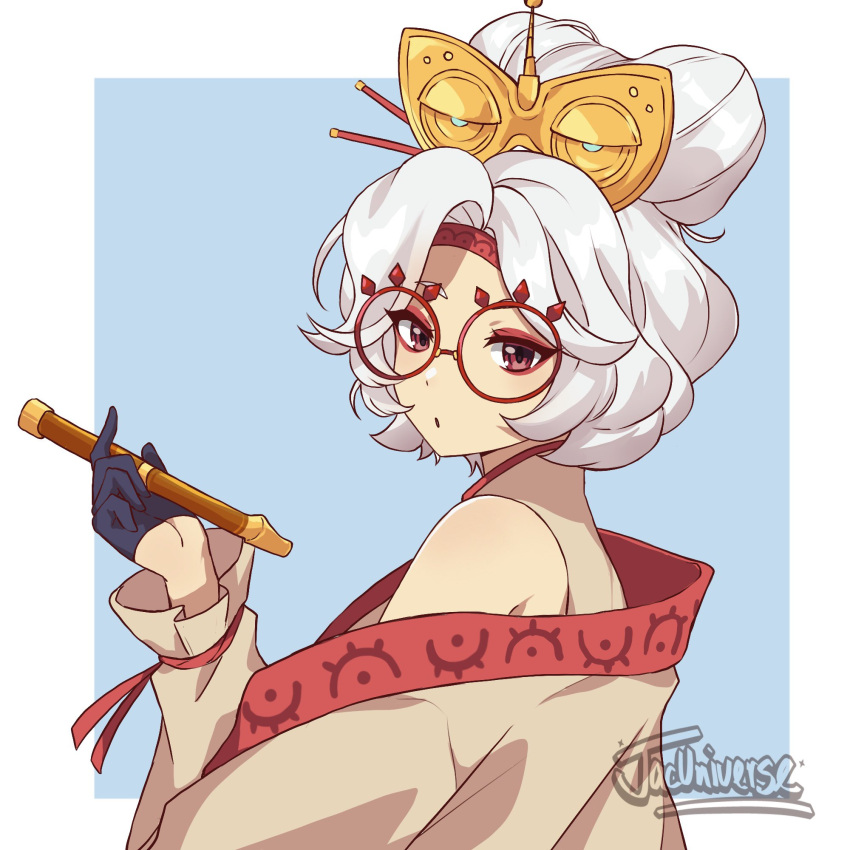 1girl, bare_shoulders, breasts, eyeshadow, eyewear_on_head, glasses, gloves, hair_bun, hair_ornament, hair_stick, highres, jacinth_peters, jacket, long_sleeves, looking_at_viewer, makeup, official_alternate_costume, official_alternate_hairstyle, open_mouth, parted_lips, purah, red-framed_eyewear, red_eyes, round_eyewear, sheikah, solo, the_legend_of_zelda, the_legend_of_zelda:_tears_of_the_kingdom, white_hair