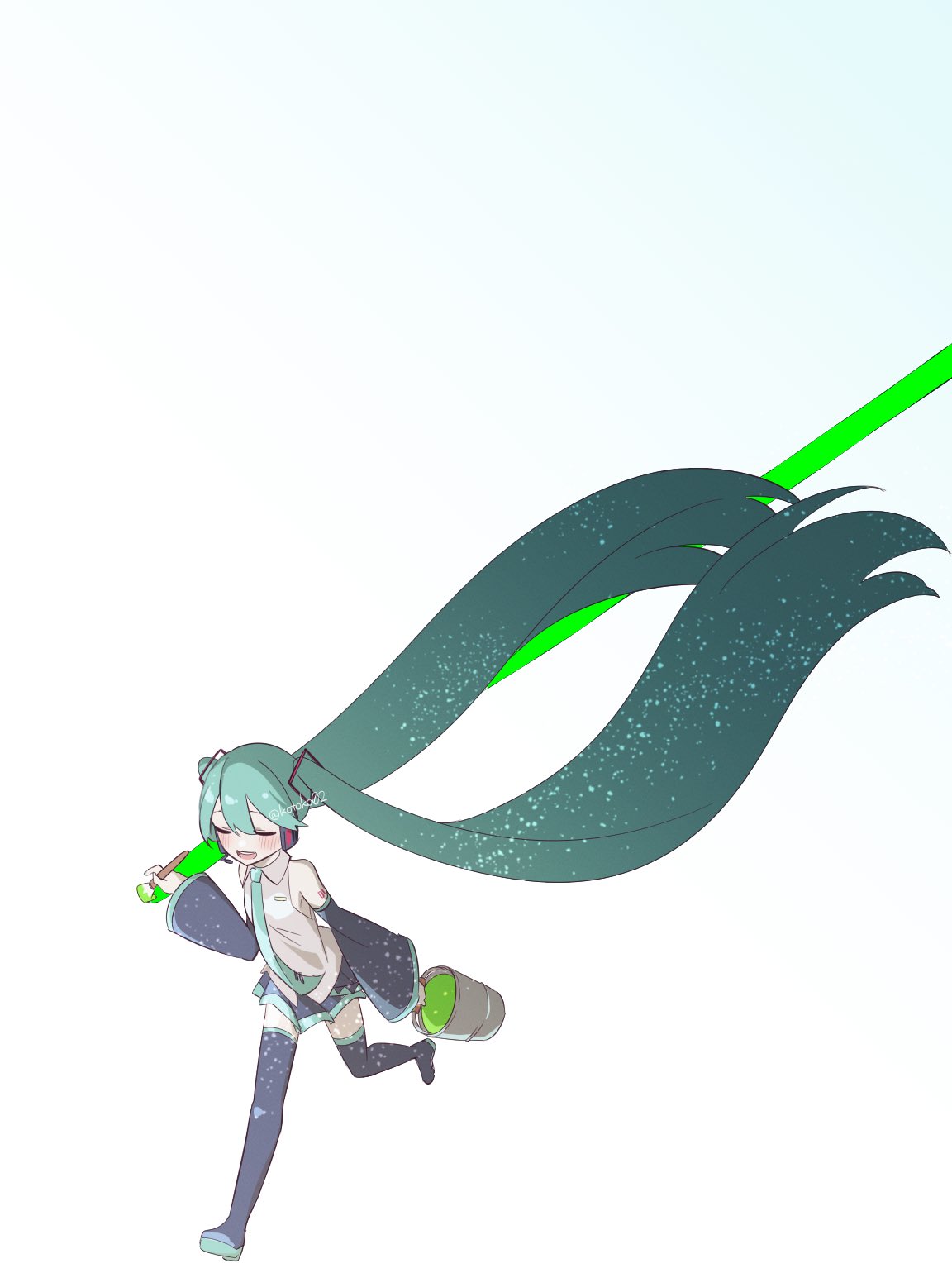 1girl, absurdly_long_hair, blue_hair, boots, closed_eyes, collared_shirt, commentary, detached_sleeves, full_body, gradient_hair, hatsune_miku, headphones, highres, holding, holding_paintbrush, issen_kounen_(vocaloid), kotoko0, long_hair, long_sleeves, multicolored_hair, necktie, open_mouth, paint_can, paintbrush, painting_(action), pleated_skirt, running, shirt, skirt, sleeveless, sleeveless_shirt, smile, solo, starry_hair, thigh_boots, twintails, twitter_username, very_long_hair, vocaloid