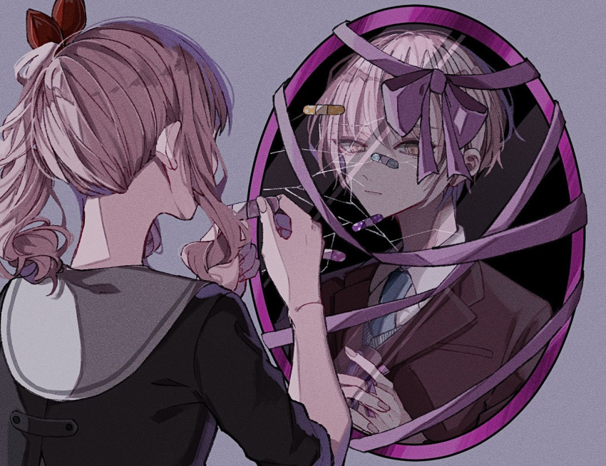 2others, akiyama_mizuki, akiyama_mizuki_(middle_school), angst, applying_bandaid, bandaid, blazer, blue_necktie