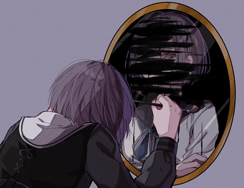 2girls, blue_neckerchief, brown_eyes, brown_hair, closed_mouth, commentary, cross-laced_clothes, crossed_arms, different_reflection, dual_persona, film_grain, from_behind, grey_background, holding, holding_paintbrush, hunched_over, long_sleeves, looking_at_viewer, mazui, mirror, multiple_girls, neckerchief, paintbrush, painting_(action), project_sekai, reflection, sailor_collar, school_uniform, serafuku, shinonome_ena, short_hair, simple_background, solo, symbolism, upper_body