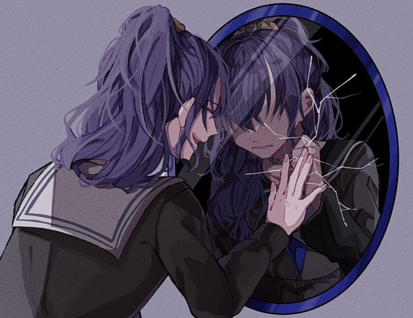 2girls, angst, asahina_mafuyu, black_serafuku, broken_mirror, choker, closed_eyes, closed_mouth, commentary, crack, cracked_glass, different_reflection, dual_persona, film_grain, grey_background, hand_on_mirror, high_ponytail, long_hair, long_sleeves, mazui, mirror, miyamasuzaka_girls'_academy_school_uniform, multiple_girls, neckerchief, no_eyes, open_mouth, ponytail, project_sekai, purple_hair, reflection, sailor_collar, school_uniform, serafuku, simple_background, smile, solo, symbolism, upper_body
