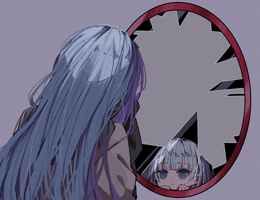2girls, aged_down, blue_eyes, blue_hair, blunt_bangs, broken_mirror, child, commentary, different_reflection, dual_persona, expressionless, female_child, film_grain, from_behind, grey_background, hood, hood_down, hoodie, light_blue_hair, long_hair, long_sleeves, mazui, messy_hair, mirror, multiple_girls, project_sekai, reflection, simple_background, sleeves_past_wrists, solo, symbolism, upper_body, very_long_hair, yoisaki_kanade