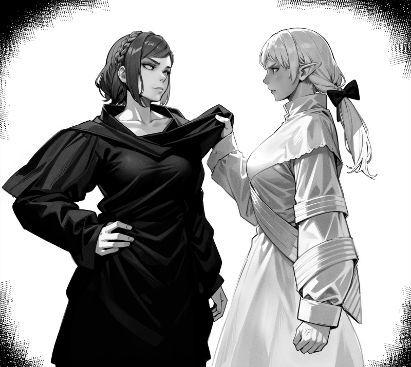 2girls, ameliance_leveilleur, anger_vein, angry, athena_(ff14), bow, braid, capelet, clenched_hand, clothes_grab, collarbone, commentary, confrontation, elezen, elf, english_commentary, eye_contact, faceoff, final_fantasy, final_fantasy_xiv, hand_on_own_hip, hyur, jamjamstyle, long_hair, long_sleeves, looking_at_another, mature_female, mole, mole_on_cheek, monochrome, multiple_girls, pointy_ears, ponytail, robe, short_hair, smirk, smug, spoilers