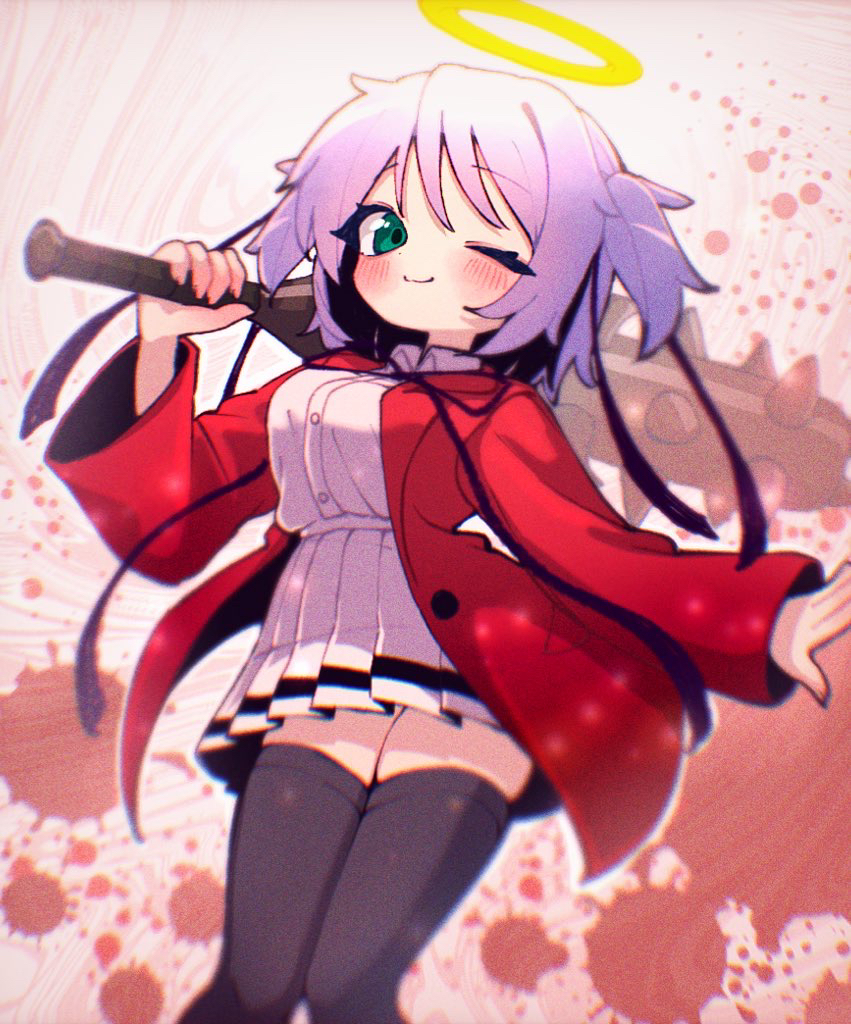 1girl, banananosongen, blood, blush, bokusatsu_tenshi_dokuro-chan, green_eyes, halo, looking_at_viewer