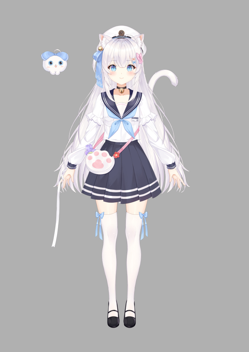 1girl, 1other, absurdres, animal_ear_fluff, animal_ears, arms_at_sides, bell, beret